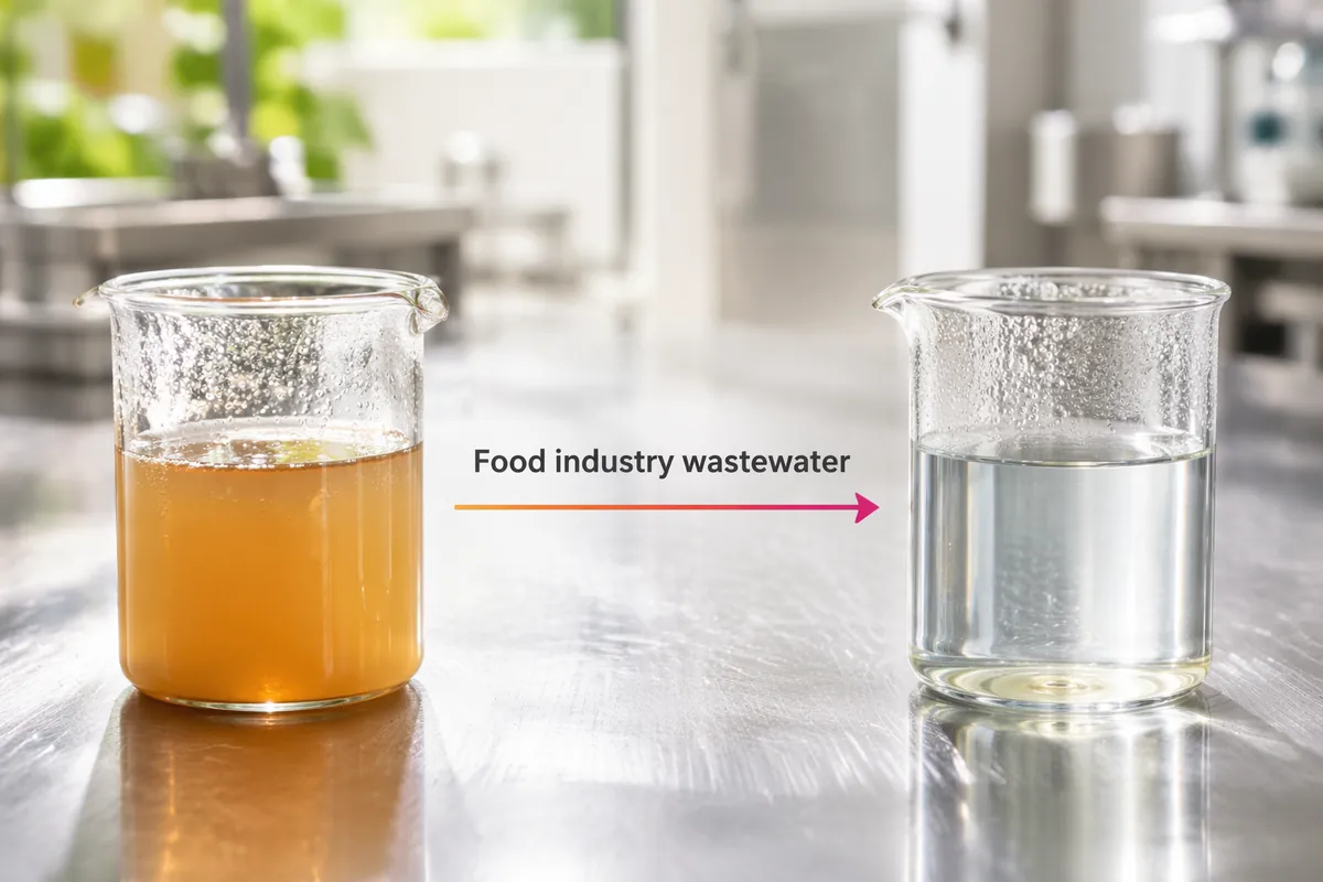 Two glass beakers on a steel bench: cloudy amber food-industry wastewater on the left, clear treated water on the right